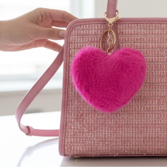 None Handbags - Plush Heart-shaped Keychain Bag Charm in Fushia Pink Faux Fur